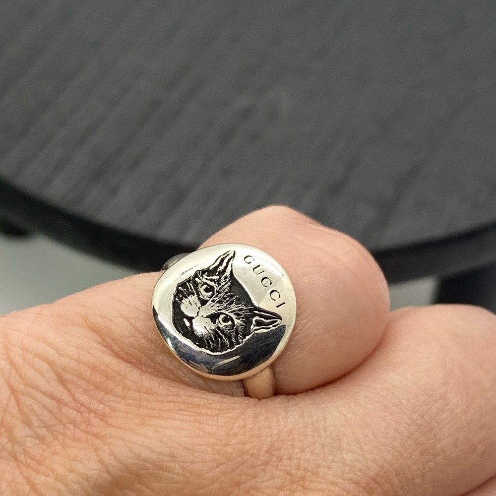 Gucci Sterling Silver Blind for Love Mystic Cat Emblem Ring sz4 PINKY